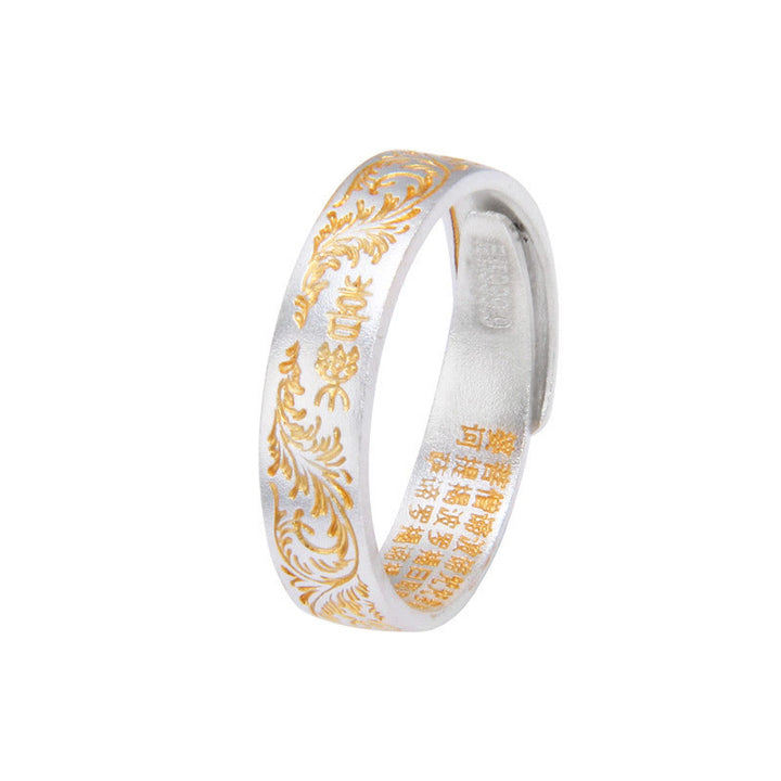 Bague Bouddha Stone en argent sterling 999 peinte à l'or avec motif de fleurs joyeuses et cœur paisible Sutra