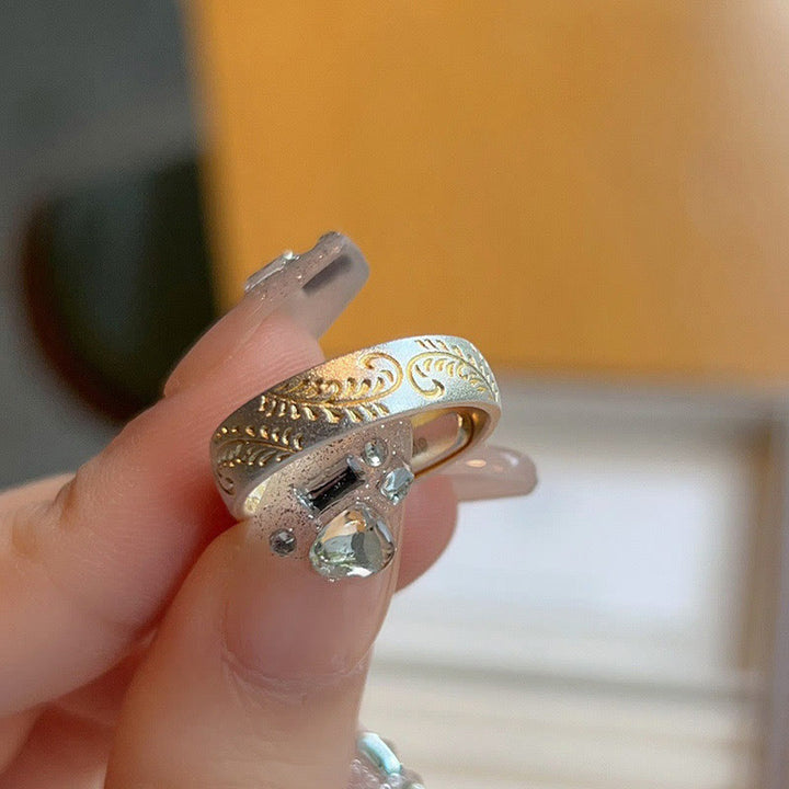 Bague Bouddha Stone en argent sterling 999 peinte à l'or avec motif de fleurs joyeuses et cœur paisible Sutra