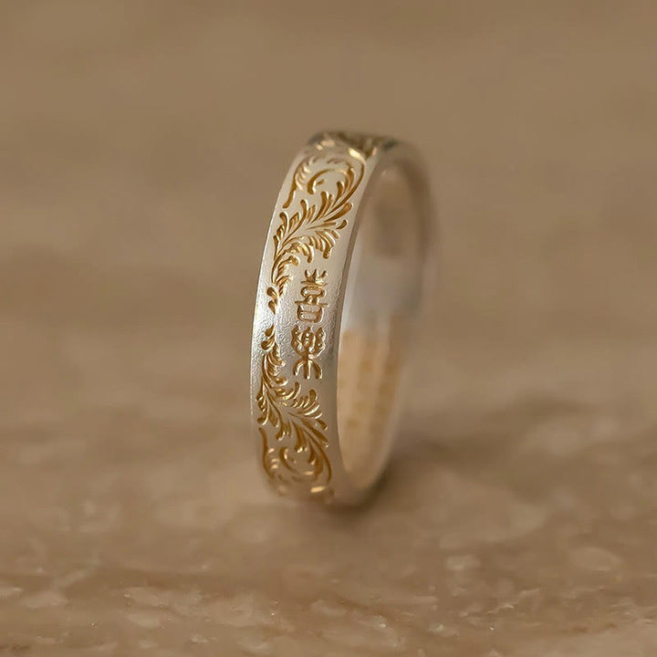 Bague Bouddha Stone en argent sterling 999 peinte à l'or avec motif de fleurs joyeuses et cœur paisible Sutra