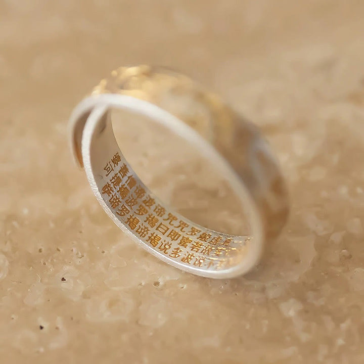 Bague Bouddha Stone en argent sterling 999 peinte à l'or avec motif de fleurs joyeuses et cœur paisible Sutra