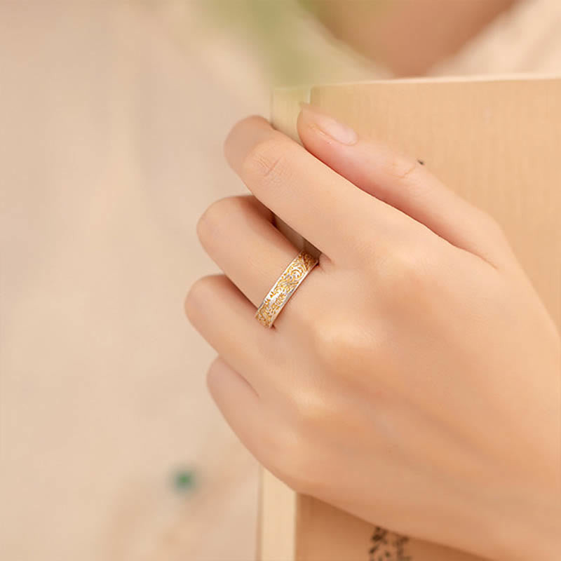 Bague Bouddha Stone en argent sterling 999 peinte à l'or avec motif de fleurs joyeuses et cœur paisible Sutra