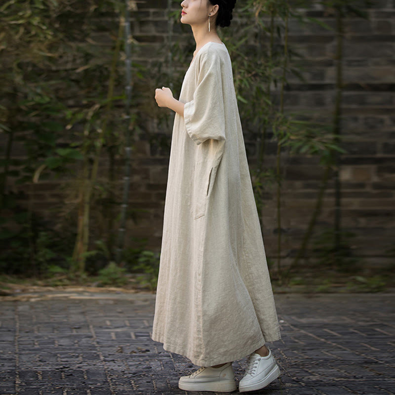 Robe mi-longue en lin ramie à manches mi-longues et col en V de couleur unie avec poches Buddha Stones - image 7