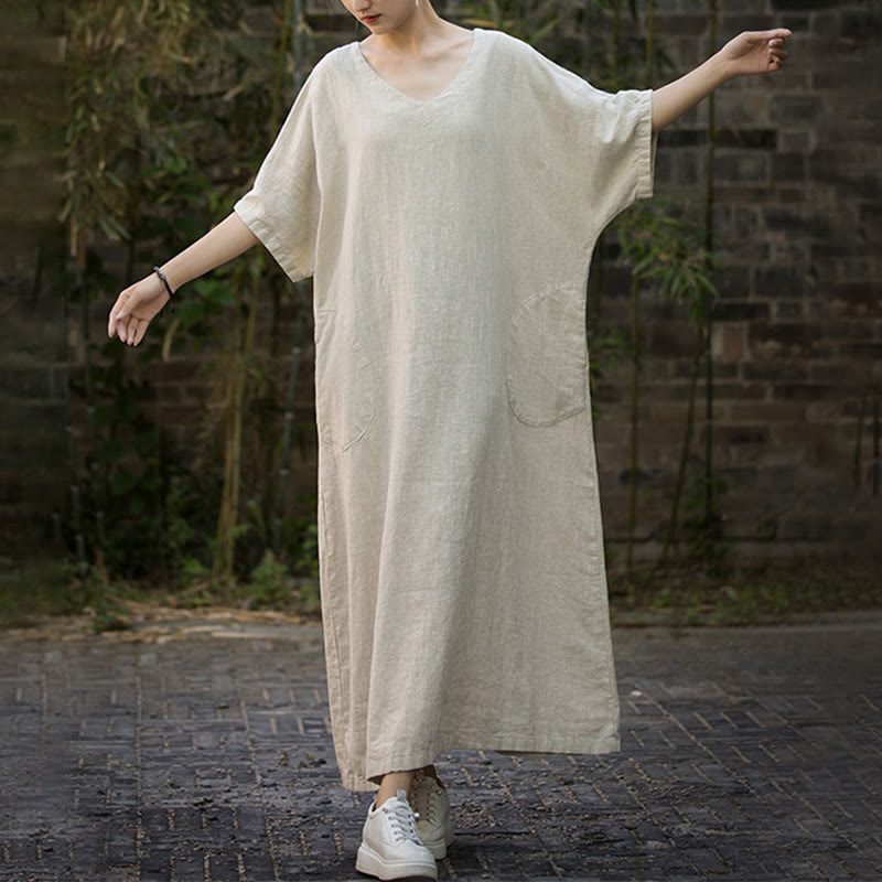 Robe mi-longue en lin ramie à manches mi-longues et col en V de couleur unie avec poches Buddha Stones - image 1