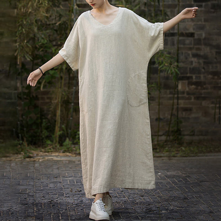 Robe mi-longue en lin ramie à manches mi-longues et col en V de couleur unie avec poches Buddha Stones - image 1