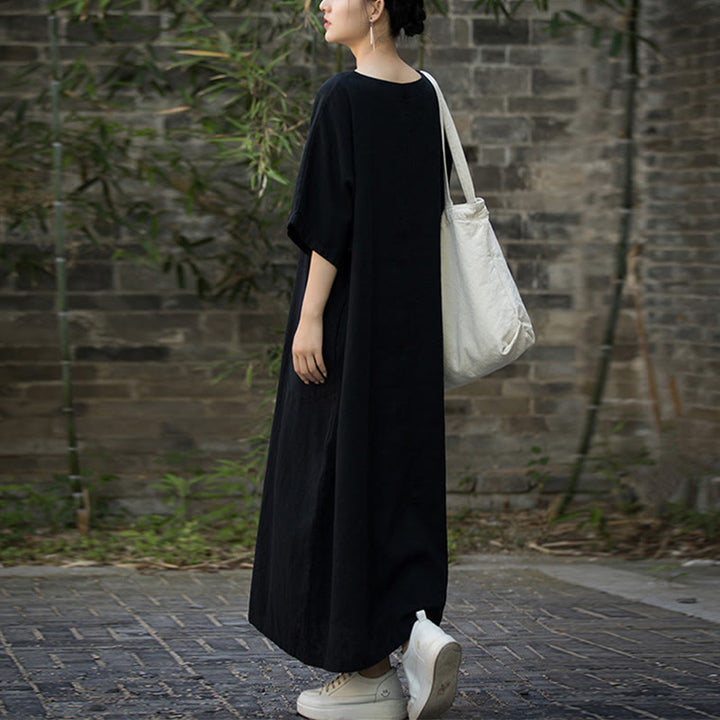 Robe mi-longue en lin ramie à manches mi-longues et col en V de couleur unie avec poches Buddha Stones - image 17