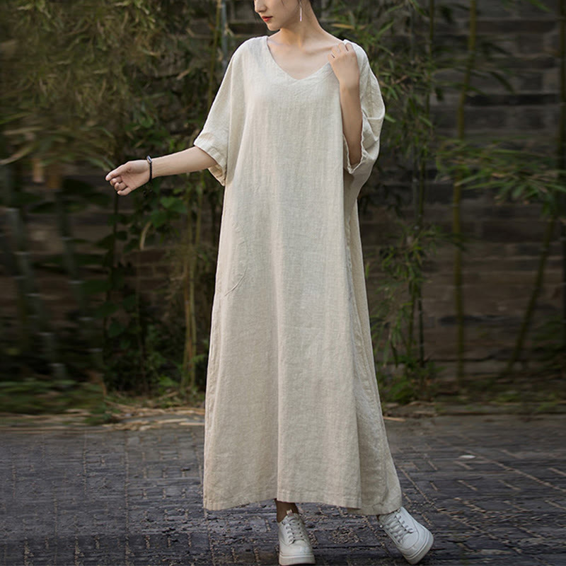 Robe mi-longue en lin ramie à manches mi-longues et col en V de couleur unie avec poches Buddha Stones - image 9