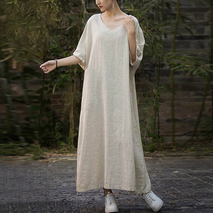Robe mi-longue en lin ramie à manches mi-longues et col en V de couleur unie avec poches Buddha Stones - image 9