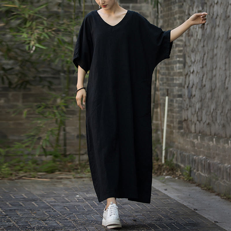 Robe mi-longue en lin ramie à manches mi-longues et col en V de couleur unie avec poches Buddha Stones - image 11