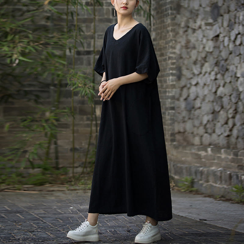 Robe mi-longue en lin ramie à manches mi-longues et col en V de couleur unie avec poches Buddha Stones - image 14