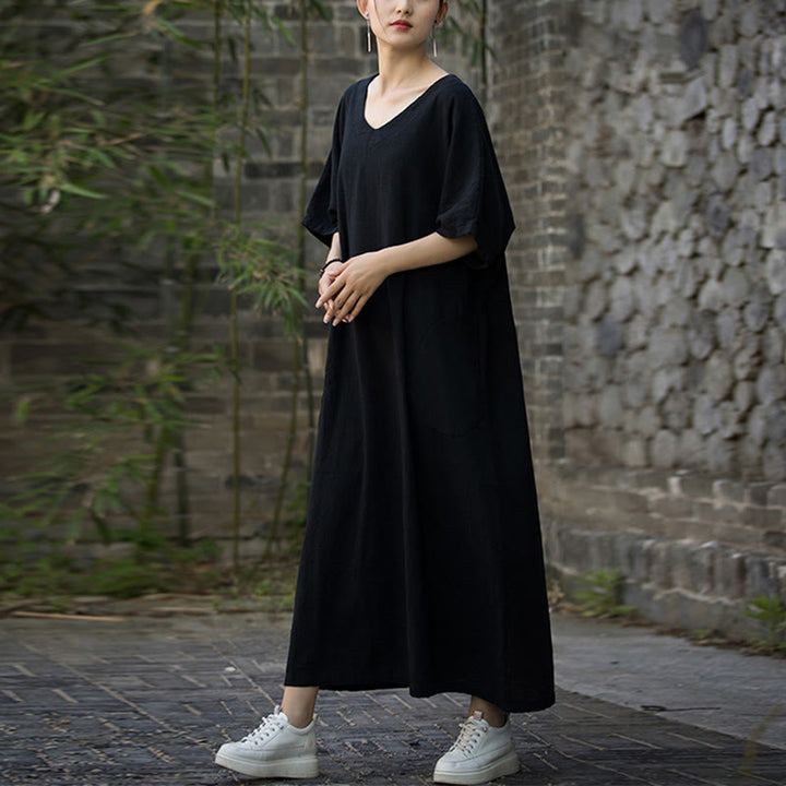 Robe mi-longue en lin ramie à manches mi-longues et col en V de couleur unie avec poches Buddha Stones - image 14