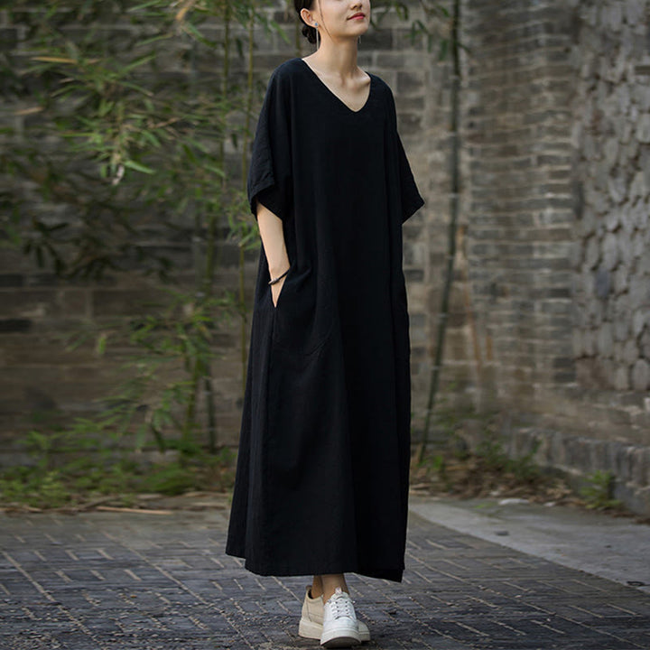 Robe mi-longue en lin ramie à manches mi-longues et col en V de couleur unie avec poches Buddha Stones