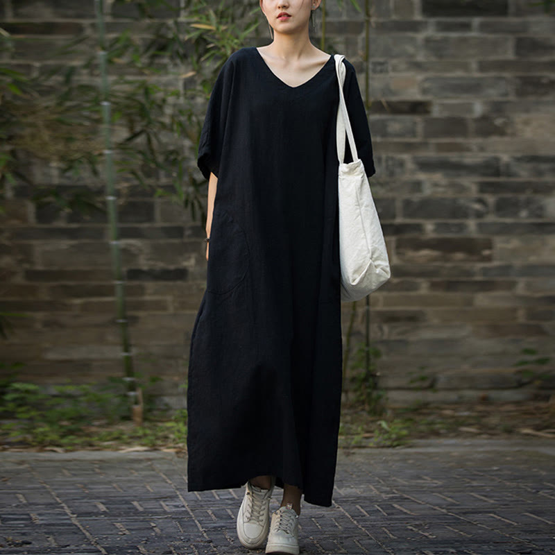 Robe mi-longue en lin ramie à manches mi-longues et col en V de couleur unie avec poches Buddha Stones - Noir - F (Convient aux tailles US 4-14 ; UK/AU 8-18 ; EU 36-46) - image 10