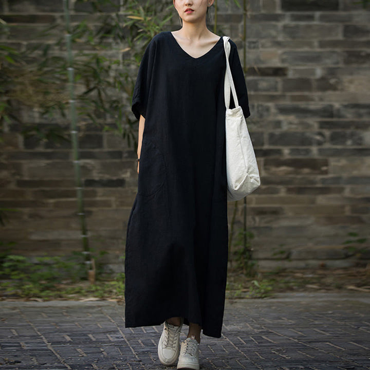 Robe mi-longue en lin ramie à manches mi-longues et col en V de couleur unie avec poches Buddha Stones - Noir - F (Convient aux tailles US 4-14 ; UK/AU 8-18 ; EU 36-46) - image 10