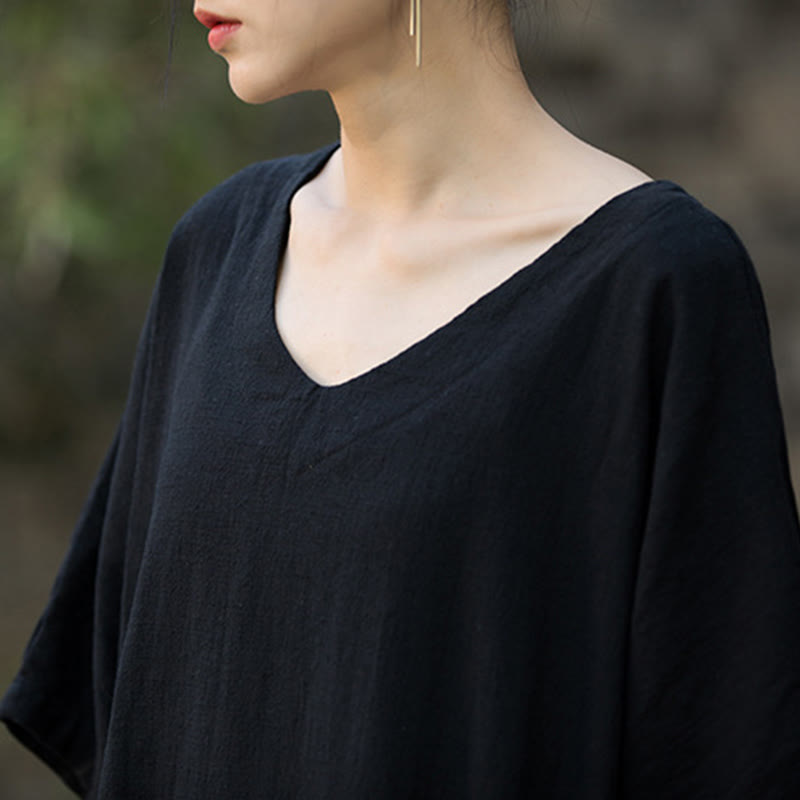 Robe mi-longue en lin ramie à manches mi-longues et col en V de couleur unie avec poches Buddha Stones - image 15