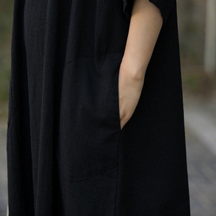 Robe mi-longue en lin ramie à manches mi-longues et col en V de couleur unie avec poches Buddha Stones - image 16