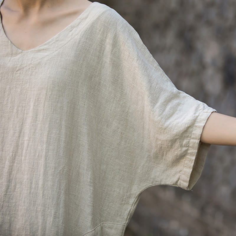 Robe mi-longue en lin ramie à manches mi-longues et col en V de couleur unie avec poches Buddha Stones - image 3