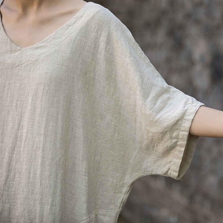 Robe mi-longue en lin ramie à manches mi-longues et col en V de couleur unie avec poches Buddha Stones - image 3