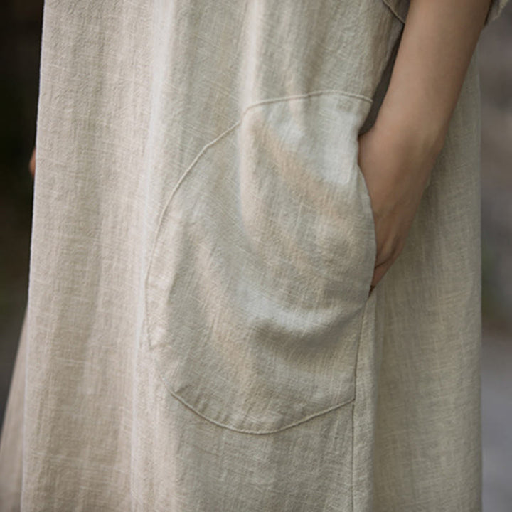 Robe mi-longue en lin ramie à manches mi-longues et col en V de couleur unie avec poches Buddha Stones - image 4