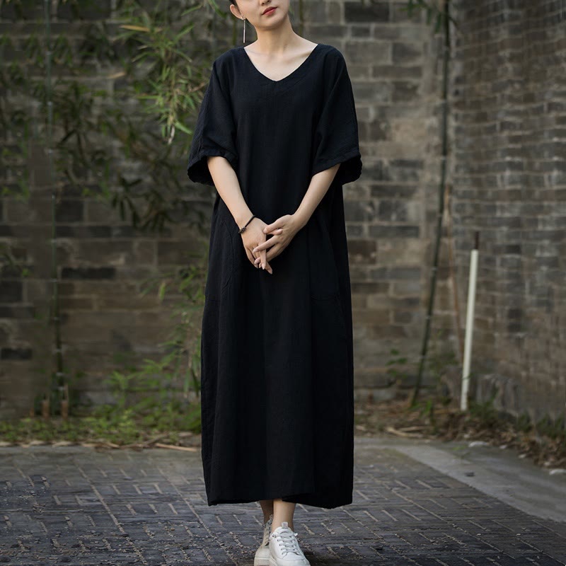 Robe mi-longue en lin ramie à manches mi-longues et col en V de couleur unie avec poches Buddha Stones - image 18