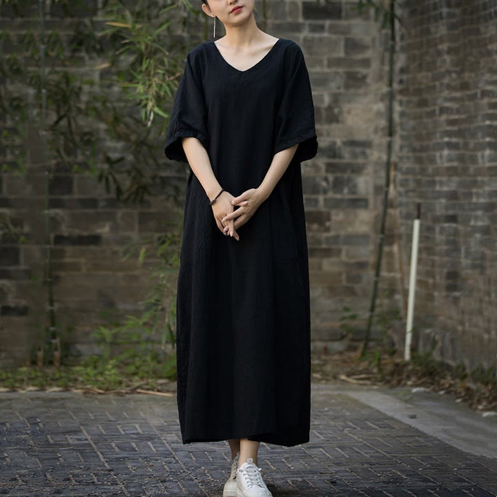 Robe mi-longue en lin ramie à manches mi-longues et col en V de couleur unie avec poches Buddha Stones - image 18