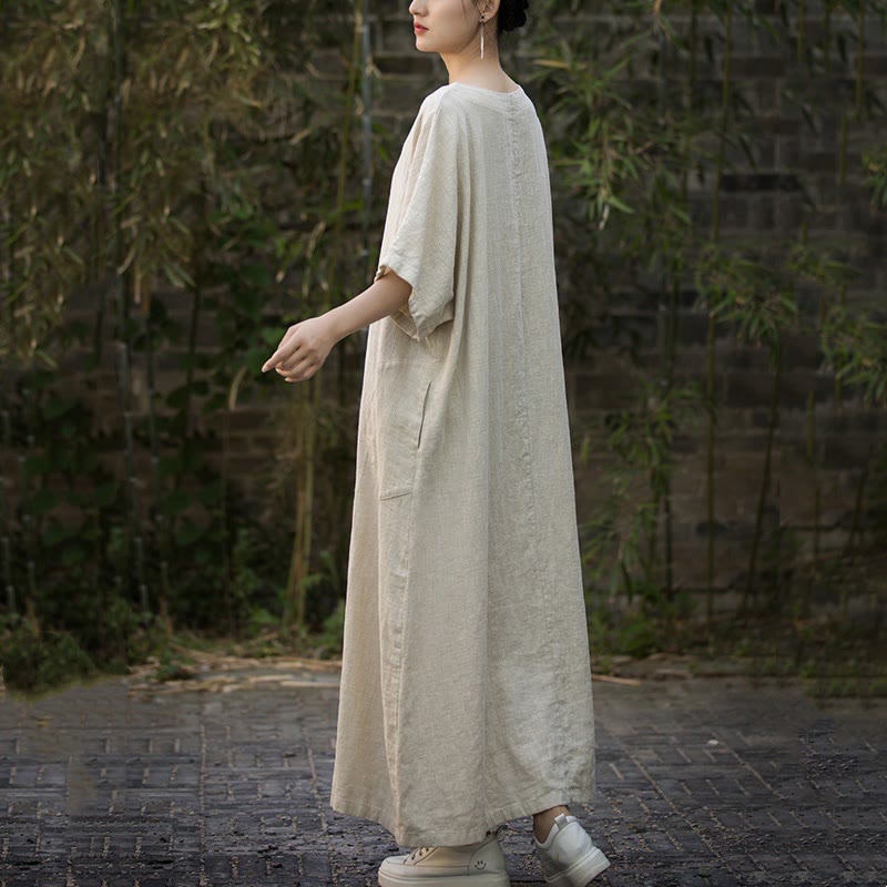 Robe mi-longue en lin ramie à manches mi-longues et col en V de couleur unie avec poches Buddha Stones - image 2