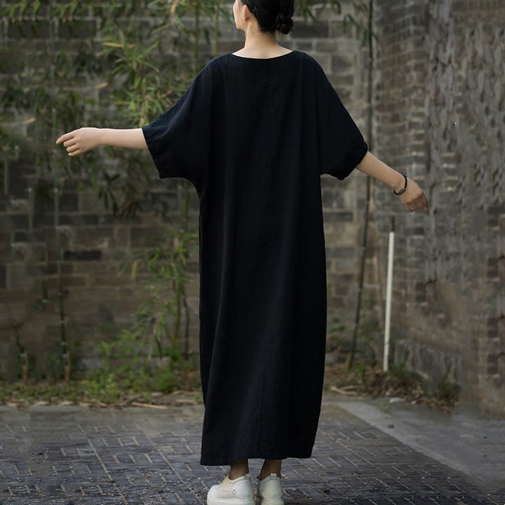Robe mi-longue en lin ramie à manches mi-longues et col en V de couleur unie avec poches Buddha Stones