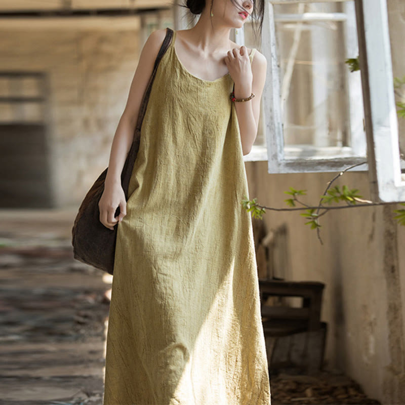 Robe camisole mi-longue d'été en lin teinté à la main avec bretelles spaghetti Buddha Stones - Chiffon au citron - F (convient aux tailles US4-8/10 ; UK/AU8-12/14 ; EU36-40/42) - image 0
