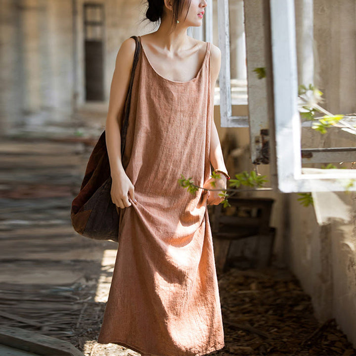Robe camisole mi-longue d'été en lin teinté à la main avec bretelles spaghetti Buddha Stones - image 13