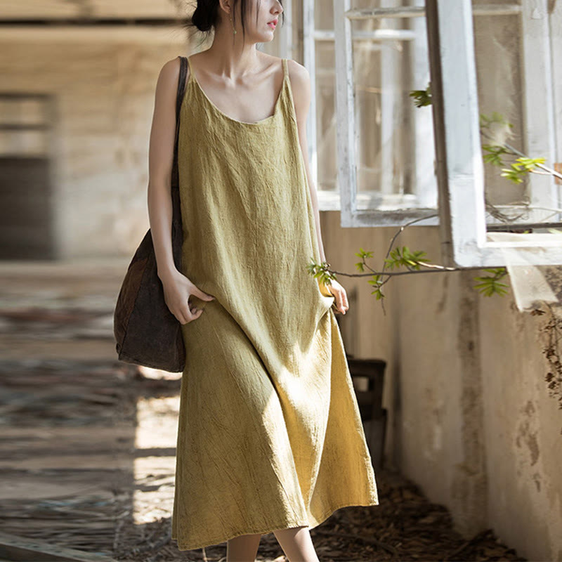 Robe camisole mi-longue d'été en lin teinté à la main avec bretelles spaghetti Buddha Stones - image 1