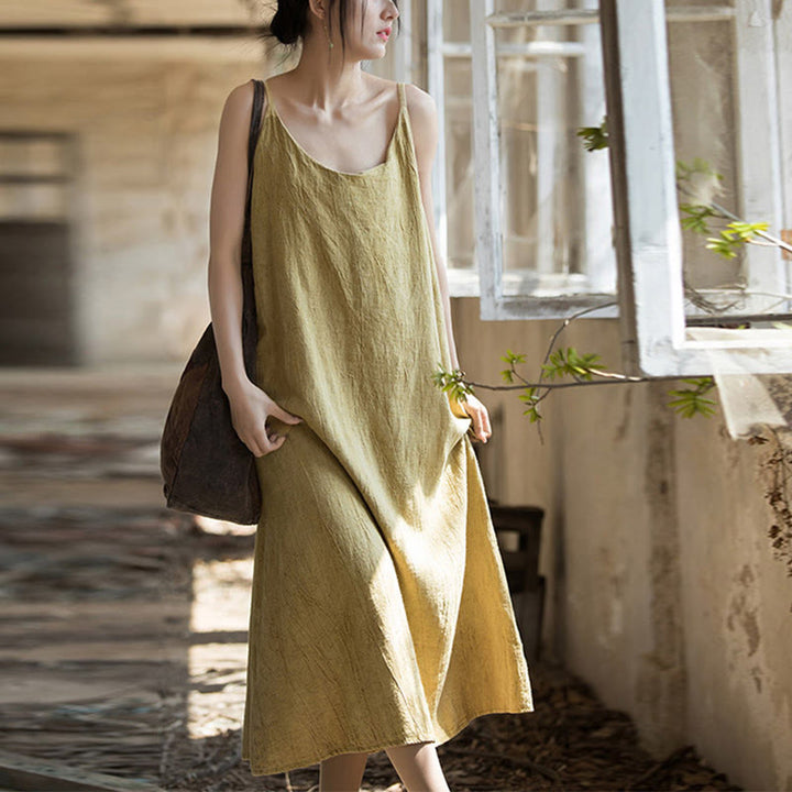 Robe camisole mi-longue d'été en lin teinté à la main avec bretelles spaghetti Buddha Stones - image 1