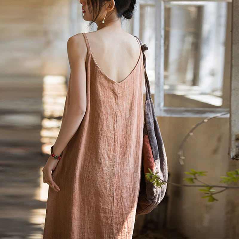 Robe camisole mi-longue d'été en lin teinté à la main avec bretelles spaghetti Buddha Stones - image 14
