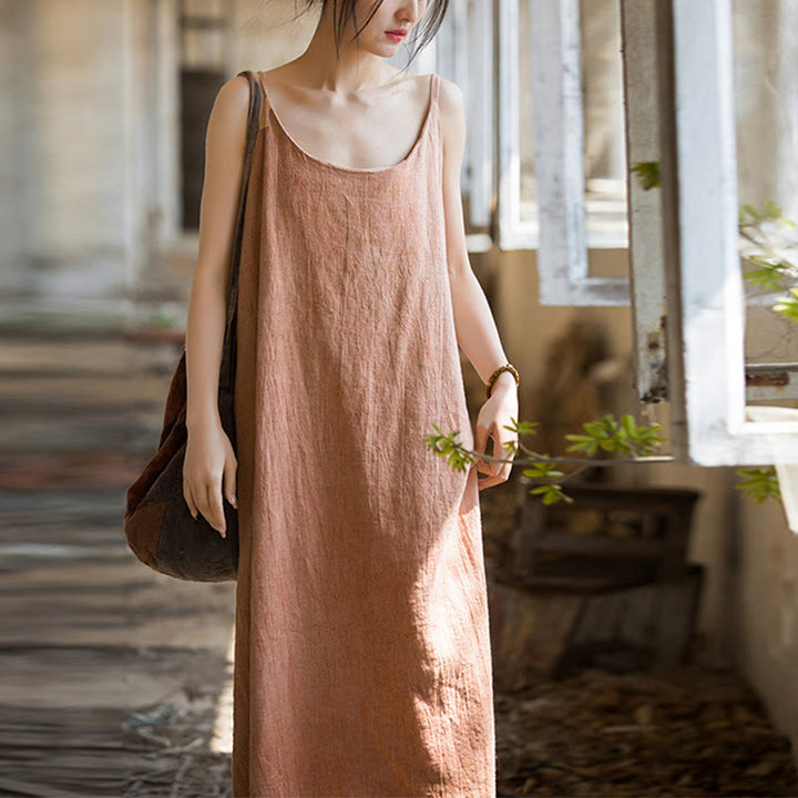 Robe camisole mi-longue d'été en lin teinté à la main avec bretelles spaghetti Buddha Stones - Mocassin - F (Convient aux pointures US 4-8/10 ; UK/AU 8-12/14 ; EU 36-40/42) - image 12