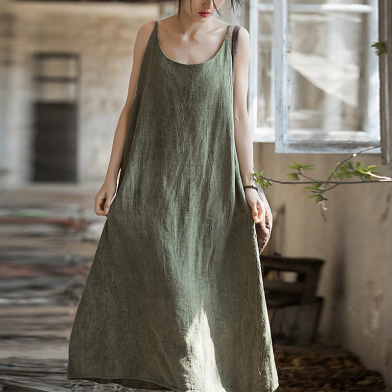Robe camisole mi-longue d'été en lin teinté à la main avec bretelles spaghetti Buddha Stones - OliveDrab - F (convient aux tailles US4-8/10 ; UK/AU8-12/14 ; EU36-40/42) - image 6