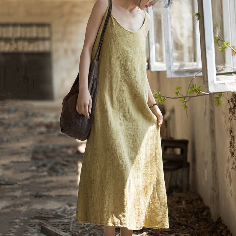 Robe camisole mi-longue d'été en lin teinté à la main avec bretelles spaghetti Buddha Stones - image 3