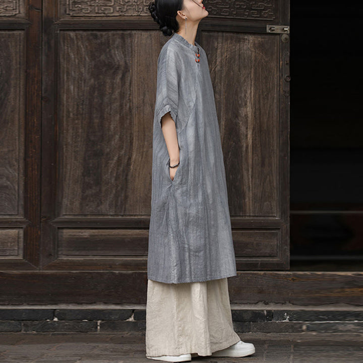 Robe courte en lin ramie tie-dye fait main avec poches, manches courtes, longueur sous le genou, ornée de Buddha Stones - image 13
