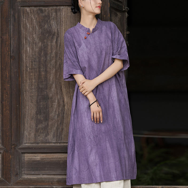 Robe courte en lin ramie tie-dye fait main avec poches, manches courtes, longueur sous le genou, ornée de Buddha Stones - Robe violette (Robe uniquement) - US4-6，UK/AU8-10，EU36-38 (F) - image 1