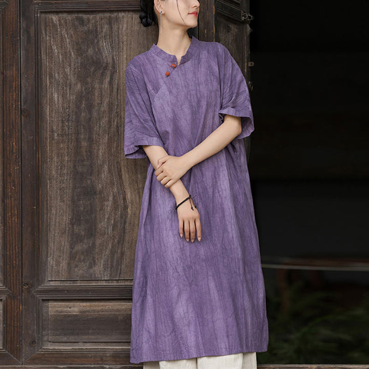 Robe courte en lin ramie tie-dye fait main avec poches, manches courtes, longueur sous le genou, ornée de Buddha Stones - Robe violette (Robe uniquement) - US4-6，UK/AU8-10，EU36-38 (F) - image 1