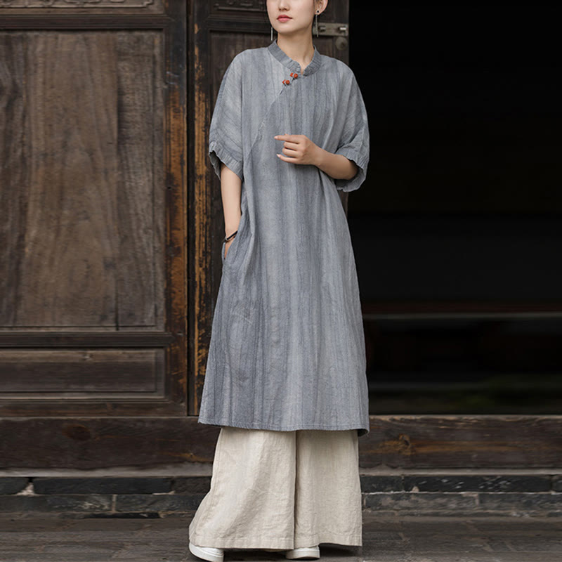 Robe courte en lin ramie tie-dye fait main avec poches, manches courtes, longueur sous le genou, ornée de Buddha Stones - Robe grise et pantalon kaki - US4-6，UK/AU8-10，EU36-38 (F) - image 12