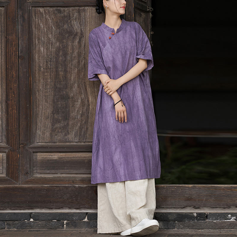 Robe courte en lin ramie tie-dye fait main avec poches, manches courtes, longueur sous le genou, ornée de Buddha Stones - Robe violette et pantalon kaki - US4-6，UK/AU8-10，EU36-38 (F) - image 0