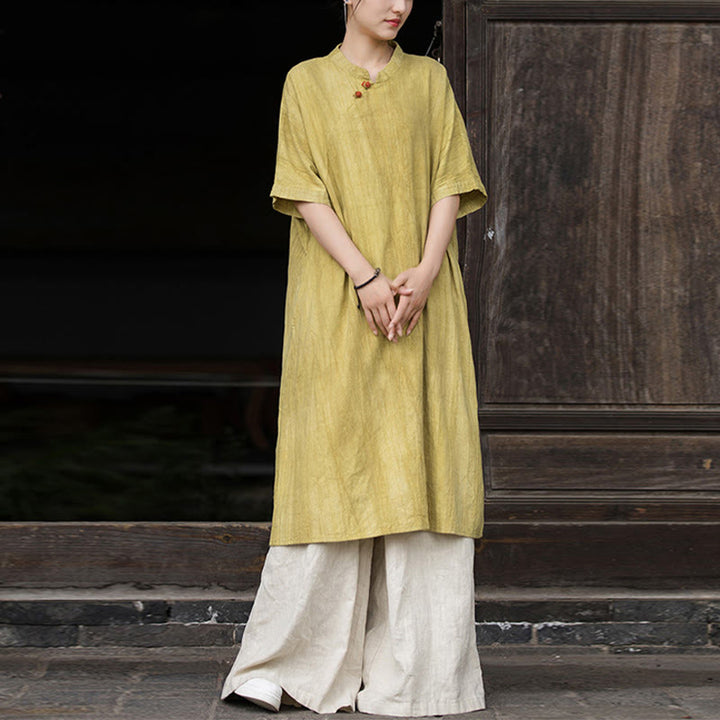 Robe courte en lin ramie tie-dye fait main avec poches, manches courtes, longueur sous le genou, ornée de Buddha Stones - Robe jaune et pantalon kaki - US4-6，UK/AU8-10，EU36-38 (F) - image 5