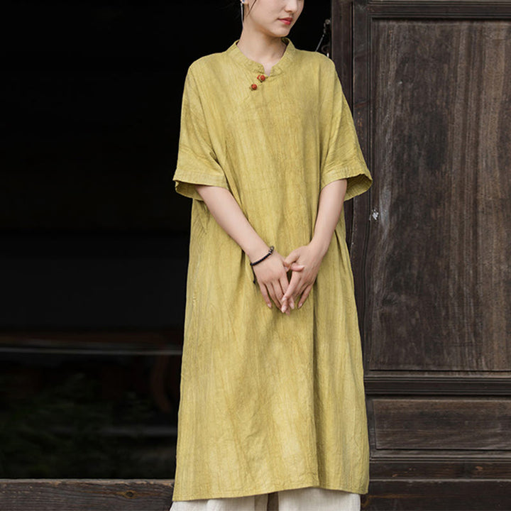 Robe courte en lin ramie tie-dye fait main avec poches, manches courtes, longueur sous le genou, ornée de Buddha Stones - Robe jaune (robe uniquement) - US4-6，UK/AU8-10，EU36-38 (F) - image 7