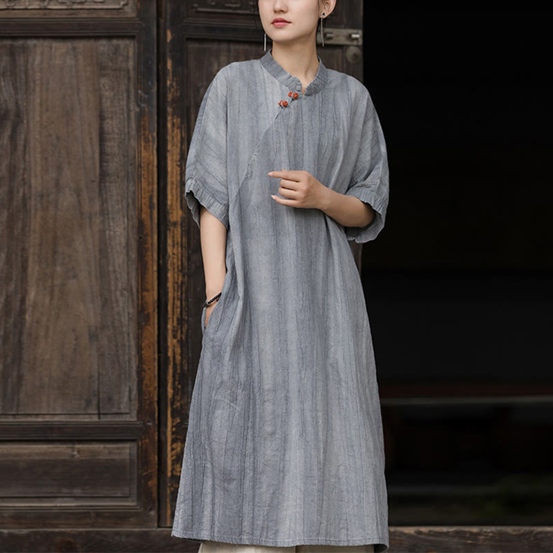 Robe courte en lin ramie tie-dye fait main avec poches, manches courtes, longueur sous le genou, ornée de Buddha Stones - Robe grise (robe uniquement) - US4-6，UK/AU8-10，EU36-38 (F) - image 14