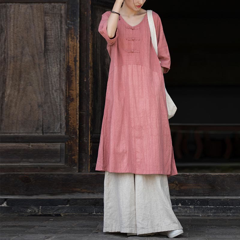 Robe mi-longue à boutons-grenouilles en lin ramie teintée à la main Buddha Stones, pantalon à jambe large avec poches - Robe rose et pantalon kaki - US4-8/10, UK/AU8-12/14, EU36-40/42 (F) - image 13