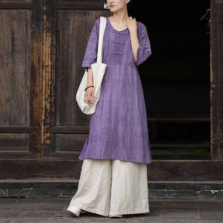 Robe mi-longue à boutons-grenouilles en lin ramie teintée à la main Buddha Stones, pantalon à jambe large avec poches - Robe violette et pantalon kaki - US4-8/10，UK/AU8-12/14，EU36-40/42 (F) - image 0