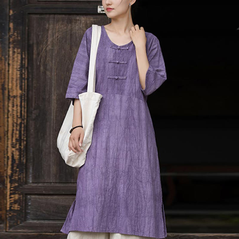 Robe mi-longue à boutons-grenouilles en lin ramie teintée à la main Buddha Stones, pantalon à jambe large avec poches - Robe violette (robe uniquement) - US4-8/10, UK/AU8-12/14, EU36-40/42 (F) - image 6