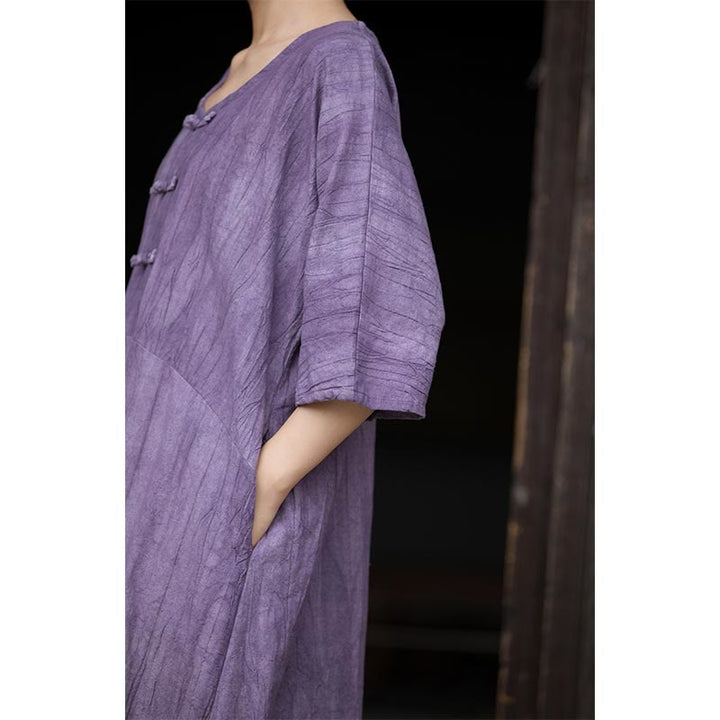 Robe mi-longue à boutons-grenouilles en lin ramie teintée à la main Buddha Stones, pantalon à jambe large avec poches - image 12