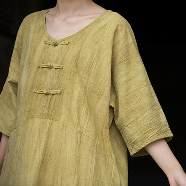 Robe mi-longue à boutons-grenouilles en lin ramie teintée à la main Buddha Stones, pantalon à jambe large avec poches - image 29