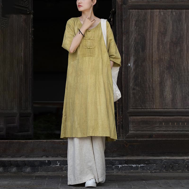 Robe mi-longue à boutons-grenouilles en lin ramie teintée à la main Buddha Stones, pantalon à jambe large avec poches - Robe jaune et pantalon kaki - US4-8/10，UK/AU8-12/14，EU36-40/42 (F) - image 23
