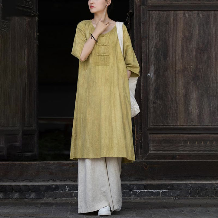Robe mi-longue à boutons-grenouilles en lin ramie teintée à la main Buddha Stones, pantalon à jambe large avec poches - Robe jaune et pantalon kaki - US4-8/10，UK/AU8-12/14，EU36-40/42 (F) - image 23
