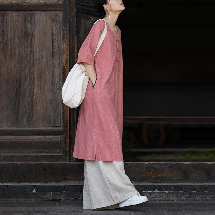 Robe mi-longue à boutons-grenouilles en lin ramie teintée à la main Buddha Stones, pantalon à jambe large avec poches - image 15